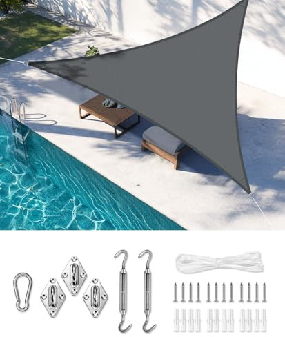 LOVE STORY Sonnensegel 4x4x4m mit Befestigung Set Dreieckig Antracita Sonnenschutz HDPE-Stoff, Atmungsaktiv, Wasserdurchlässig,95% UV-Schutz für Außenbereich, Terrasse, Balkon, Garten