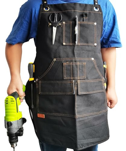 EZZLife Work Aprons, 29.53 x 24.80in(75x63cm) Heaavy Duty Carpenters Working Canvas Apron with Pockets, Tools Aprons for Garden, Pottery, Workshop and Crafts Work - Black