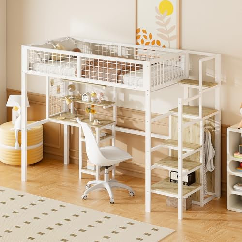 Moimhear Hochbett 90x200 mit Sicherheitsleiter, Kinderbett mit Eisenrahmen, Kleiderschrank, Computertisch, Jugendbett, Erwachsenenbett, weiß
