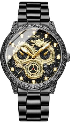 Avaner Uhren Herren Golden Drache: wasserdichte Herrenuhr Analoge Quarz Uhr mit Leuchtzeiger Kalenderzifferblatt Edelstahlarmband Business Uhr für Männer