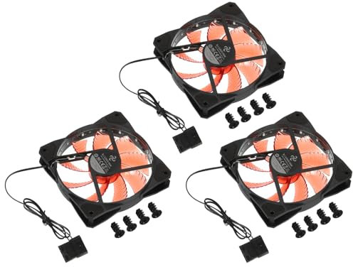 sourcing map 3Pcs Computer Case Fan 600-1200RPM 120mm 4 Pin Red LED Silent Cooling Fan 15 LED 12V for Desktop Computer Radiators with Rubber Pads 4 Screws
