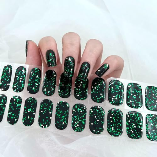Ceboic Semi Cured Gel Nail Stickers, 22PCS Self-Adhesive Nail Polish Strips, Long Lasting Nail Wraps Stickers Decals with Soft Glossy Finish, UV/LED Lamp Required (Black Green Sequins)