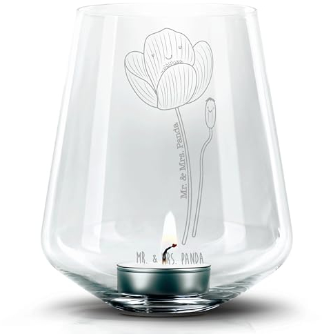 Mr. & Mrs. Panda Gravur Windlicht Blume Mohnblume - Geschenk, Windlicht Glas, Respekt, Religion, Kerzenlicht, Teelichthalter, Sommer Deko, Garten,