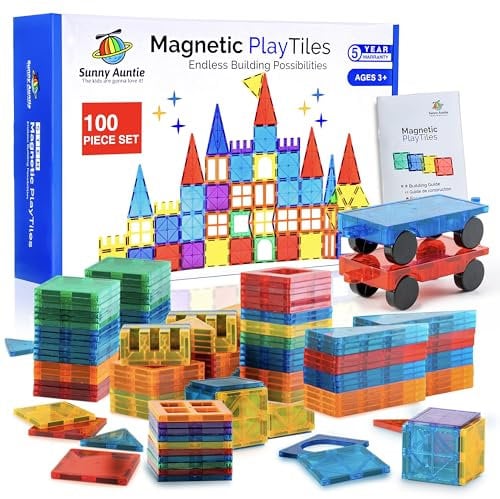 SUNNY AUNTIE Magnetic Tiles 100 PCS with 2 Cars, Magnetic Tiles for Kids Age 3+, Toy for Boys & Girls, Gift Box