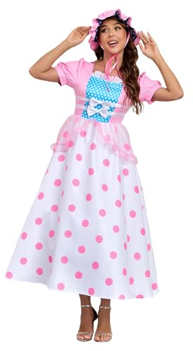 AYYOHON Little Bo Peep Costume pour femme avec bonnet rose et bleu pour adulte, jupe à pois, robe d'Halloween de bergère, taille S
