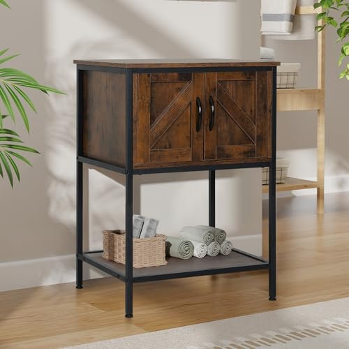 YU YUSING Meuble de Salle de Bains Rangement, Armoire de Salle de Bain avec 2 Portes et 1 Étagère Ouverte, Ensemble de Meubles, Meuble sous Lavabo, sous Vasque, Industriel, Marron Rustique,Sans Lavabo