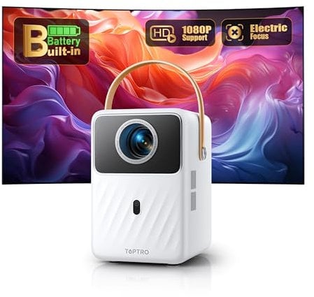 Portable Projector【Built-In Rechargeable Battery & Andriod TV】Mini Home Projector with Netflix, Dis+, Auto Keystone Electric Focus, FHD 1080P, WiFi Bluetooth Outdoor Projectors for RV, Camping, Garden
