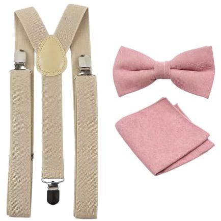 Luxuriöse Herren-Fliege, Einstecktuch und Hosenträger aus Baumwollmischgewebe, Fliege, Einstecktuch und beiger Hosenträger in Altrosa, Bow Tie: Length 11.5cm. Width: 7.5cm