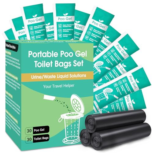 Portable Toilet Absorbent Poo Gel Set 30 Packs, Urine Powder with 8 Gallon Emergency Camp Bags for Camping Outdoor Hiking