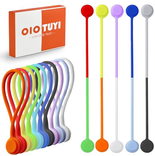 OioTuyi 10 Stück Wiederverwendbare magnetische Silikon Kabelbinder, Organisieren und Kabelmanagement, 10 Farben, Multifunktionale Magnet Kabelorganizer