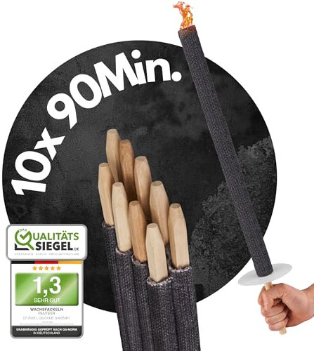 Panteer ® Fackeln für draußen - 10x90 Min - Made in Germany - Wachsfackeln - Fackeln für Fackelwanderung - Fackeln Kinder - Fackeln Garten - Mit Handschutz