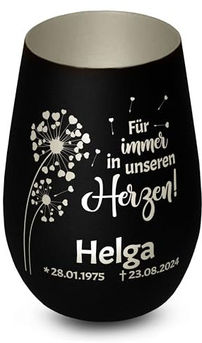 Elegantes personalisiertes Windlicht aus Glas in Schwarz-Silber Für Immer in unserem Herzen Gedenklicht für Verstorbene mit Gravur, Geschenk für Trauernde - Trauerlicht personalisiert mit Namen