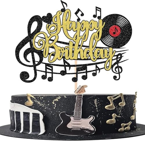 SYKYCTCY 1 Pack Music Happy Birthday Cake Topper Glitter Musical Symbol Note Microphone Music Lover Birthday Cake Pick for Music Concert Singer Theme Birthday Party Cake Decoration Supplies