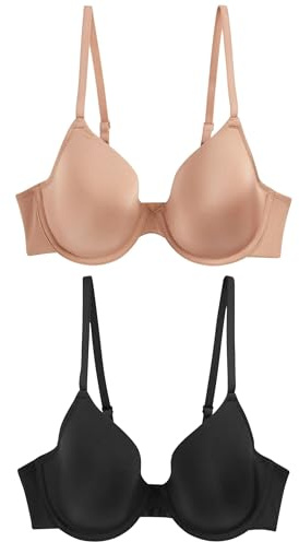 NEXT Damen 2er-Pack wattierte, glättende T-Shirt-BHS, Vollschale Schwarz/Praline Nude 80 B