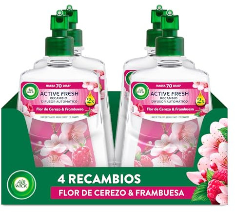Air Wick Active Fresh Spray Automatico Sin Aerosol - Ambientador para casa con aroma a Flor de Cerezo & Frambuesa - Pack de 4 Recambios (228mlx4)