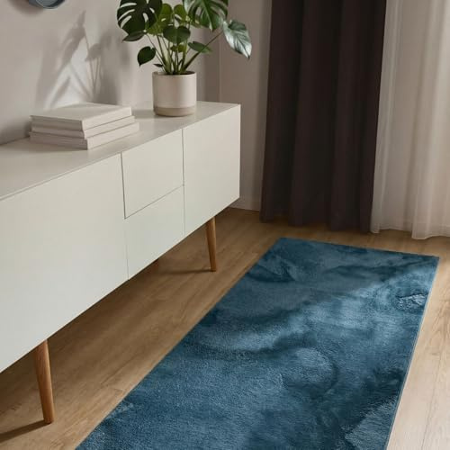 benuta Basic Kunstfaser Fellteppich Furry - Türkis 70x200 cm - Weicher Wohnzimmerteppich - Anti-Rutsch-Rückseite - Waschbar - Für Fußbodenheizung geeignet
