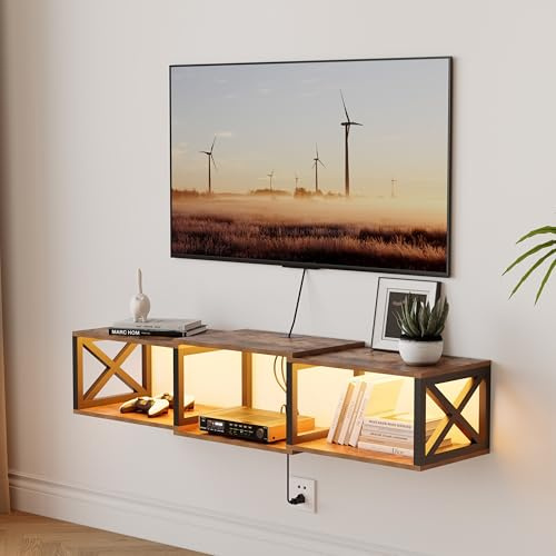 NinPeen Floating TV Stand with Power Outlets,Wall-Mounted Entertainment Console with led Light，Floating TV Shelf for Under TV Storage (Rustic Brown, 46 W)