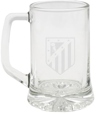 CyP Brands - Atlético de Madrid, Boccale da birra, Vetro, Grande capacità 280 ml, Manico comodo, Lavabile in lavastoviglie e adatto al microonde, Trasparente