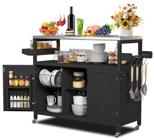 Carro de Cocina con Ruedas, Isla de Cocina de Madera, Mueble de Cocina Exterior con Encimera, Carrito de Servicio Parrilla para Exterior, Carrito de Mesa con Ruedas y Armario de Almacenamiento