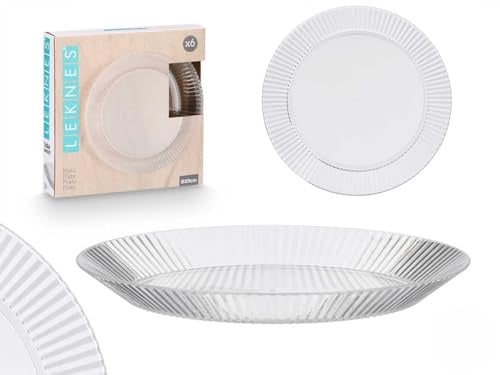 Makio M Platos de Plástico Reutilizables, 23 cm, Set de 6, Diseño Rayado, Transparentes, para Fiestas, Barbacoa, Jardín (Transparente)