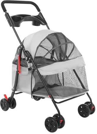 Hundewagen bis 18 kg, Klappbarer Hundebuggy Leicht & Tragbar, Dog Stroller für Kleine bis Mittelgroße Hunde/Katzen, Atmungsaktives Mesh-Design, mit Getränkehalter & Feststellbremse (Hellgrau)