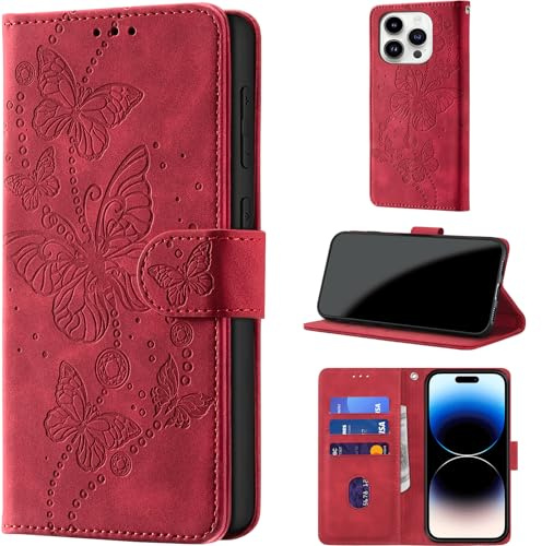 CaseGla Cover per iPhone 14 Pro 6,1 Pollici, Rosso | Blocco RFID, Portafoglio Pelle PU, Flip Libro, Porta Carte, Magnetica Libretto, Antiurto Protezione Completa