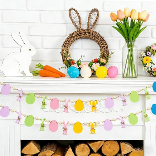 Songjum Easter Mantle Garland Colorful Wood Bunny Easter Beads Banner Rabbits Hanging Garland for Wall Fireplace Shelf Mantle Display Indoor Outdoor Home Party Supplies(5 Style Colorful)
