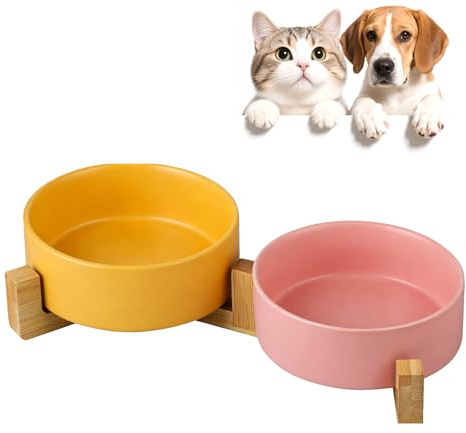 Ceramic Cat Bowls with Bamboo Stand, Double Elevated Pet Feeding Bowls, 400ml Each, Removable Non Slip Food and Water Bowls, Stable Base for Cats & Small Dogs, Pink & Yellow