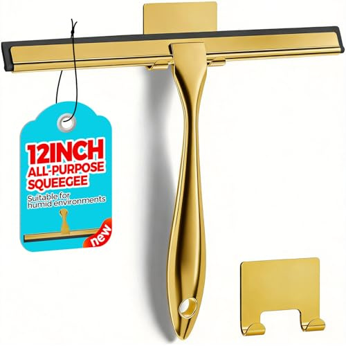 ALFLOD 12 Shower Squeegee for Glass Doors, Tile Walls, Car Windows, Gold | Bathroom Accessories, New Home Essentials, Silicone Blade, Metal Handle, Adhesive Hook, Household Tool, Multipurpose Cleaner