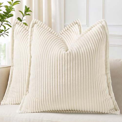 Homaxy 2er Set Kordsamt Kissenbezüge 40x40 cm Weiß | Kordsamt Auf Beiden Seiten, Fransenkanten & Streifen Design, Unsichtbarer Reißverschluss, Pflegeleicht Maschinenwaschbar