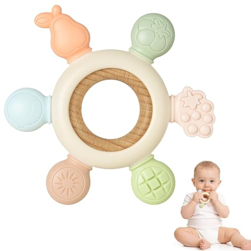 DiULi Beißring Baby, Zahnungshilfe aus Silikon, Beißspielzeug für Jungen und Mädchen, Zur Geburt Sicheres Babyspielzeug, Sechseckiges Version, Fruchtform