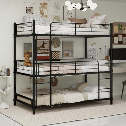 Jaxenor Metal Triple Bunk Bed for Kids with Ladder, (90x190cm), Black | Silent Anti Slip Pad and Raised Guardrail, Space Saving Bed Frame for Small Rooms, Dormitory, Children's Room, No Mattress