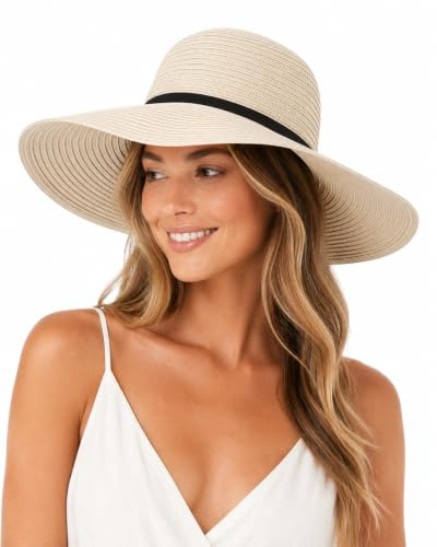 ASVP Shop Women’s Wide Brim Straw Sun Hat, Natural Floppy Beach Hat with Black Band, Lightweight Summer Holiday Hat, One Size
