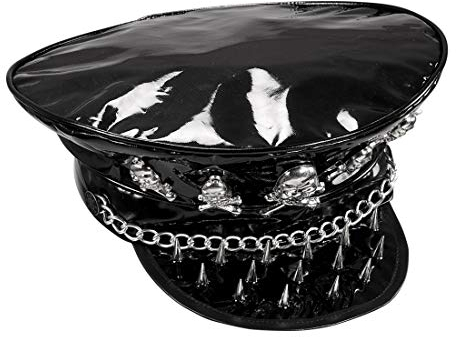 Amakando Rock-Star Schirmmütze 80er Style/Schwarz-Silber/Hardrock Kappe mit Totenköpfen/Passend gekleidet zu Themenabend & Fasching