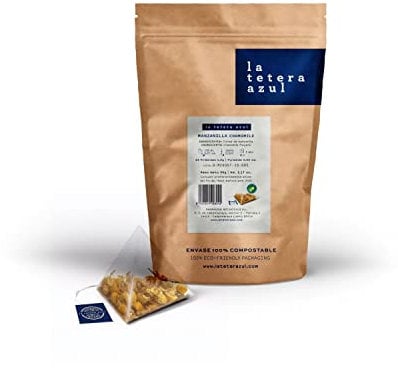 LA TETERA AZUL Infusión De Manzanilla Premium, Pura, Limpia, Sin Hojas Ni Tallos. 60 Pirámides. Infusión Digestiva Y Alivio Gases. Bolsa De 60 Pirámides.