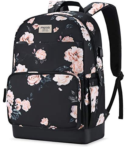 MOSISO Laptop Backpack for Women with USB Charging Port, 15.6 inch Laptop Rucksack Anti-Theft Stylish Casual Daypack Bag with Luggage Strap, Camellia Travel Backpack, Black