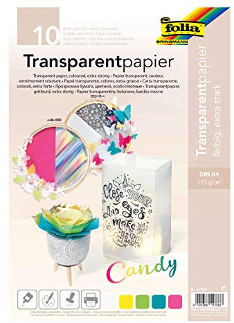 folia 87429 - Transparentpapier Candy, farbig, extra stark 115g/m², DIN A4 Format, 10 Blatt sortiert in 5 Farben, zum Kleben, Bemalen, Bestempeln und Bedrucken