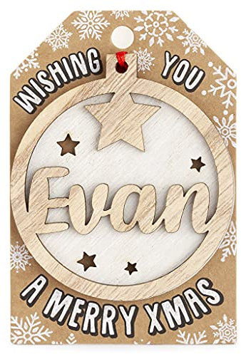 Personalisierbare Christbaumkugel aus Holz, Evan Name, Weiß