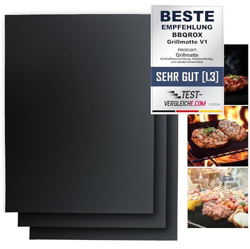 BBQROX Grillmatten 3er Set [50x40cm bis 300°C] | Vergleichssieger 2024 | Für Gasgrill, Holzkohlegrill, Elektrogrill & Backofen | Wiederverwendbare & Antihaft Grillunterlage | Schwarz