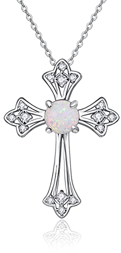 PRAYMOS Kreuz Halskette Opal 925 Sterling Silber Halskette für Frauen Mädchen Weihnachts Halskette Geschenk für Sie Damen
