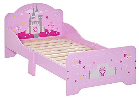HOMCOM Letto per Bambini con Bordi Rialzati in Legno per Cameretta, Lettino per Bimbi da 3-6 Anni, 143x73x60cm, Rosa