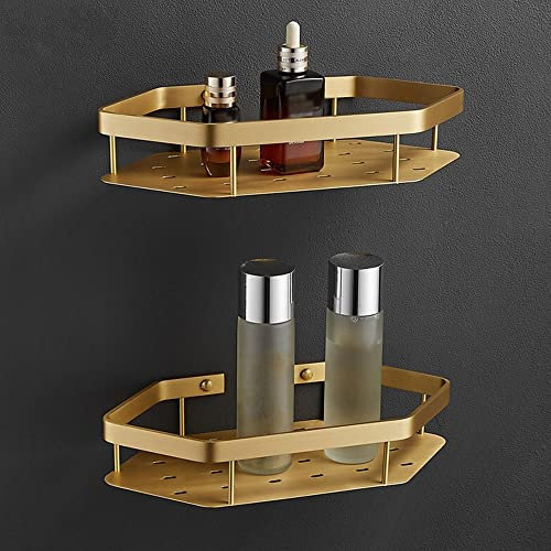 BOCbco Floating Shelves Shower Caddy Bathroom Shelf, Creative Bathroom Shelf, Bath Shower Shelf, Total Brass Brushed Gold Bathroom Corner Shelf, Wall Mounted Kitchen Storage Holder/2 Tier