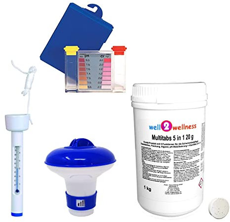 well2wellness® Poolzubehör Set/Pool Starter Set D Premium 4-teilig mit 1kg Multitabs 5in1 20g, Thermometer Schwimmkopf, Dosierer + Test Kit Chlor/pH