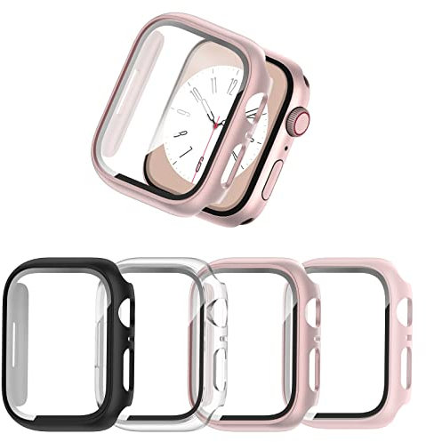 JZK 4-Stück Schutzhülle für Apple Watch SE 2024/ SE 2/SE/6/5/4 44mm, Hart PC Rundum Ultradünne Gehäuse Hülle Eingebaut Kratzfest Gehärtetes Glas Schutzfolie für iWatch 44mm, Schwarz/Klar/Rosa/Roségold