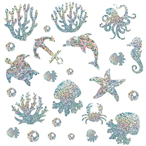 GORGECRAFT 25St Meerestiere Fensteraufkleber Schildkröte Statische Glasschiebetür Aufkleber Strand Oktopus Seepferdchen Koralle Haftet Nicht Klebende Vinylfolie Home Decals Verhindert Vogelschlag