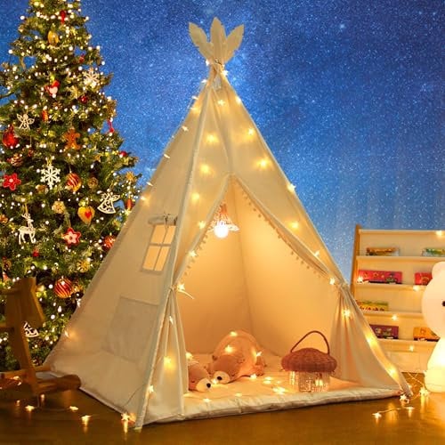 LIONHERZ® DAS ORIGINAL Tipi Zelt für Kinder aus 100% Baumwolle mit Matte, Stabilisator, Federdeko & Tasche [Stabil] Spielzelt Kinderzimmer | Indoor Kinderzelt| Spielhöhle Tippi Zelt (Cremeweiß)
