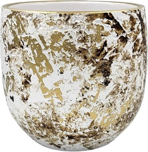 Maceta MACETERO para Interior/Exterior Barro Decorado Pintado Varias Medidas (25 CMS, Blanco Crema Oro)