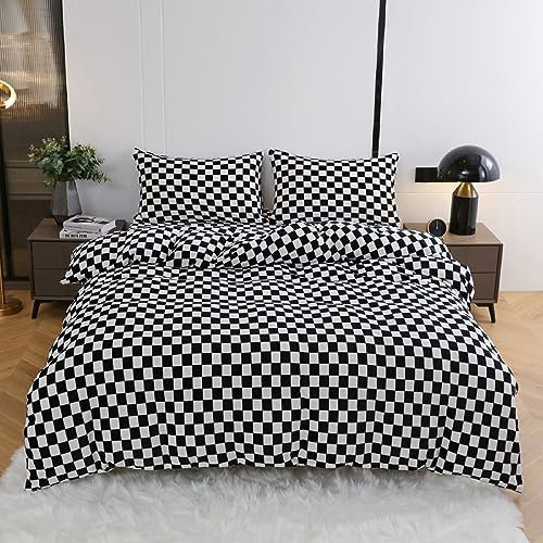 YASMENG Winter Plüsch Bettwäsche 200x200cm Schwarz Weiß Kariert Muster Bettbezug Set Flauschig Warme Cashmere Touch Bettwäsche mit Reißverschluss und 2 x Kopfkissenbezüge 80 x 80 cm