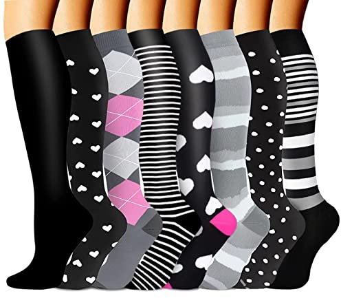beusilay 8 Paires Bas de Contention Femme Homme Chaussettes de Compression (15-20 mmHg) Chaussettes de Contention pour sport Vols Voyages Infirmiere course cyclisme