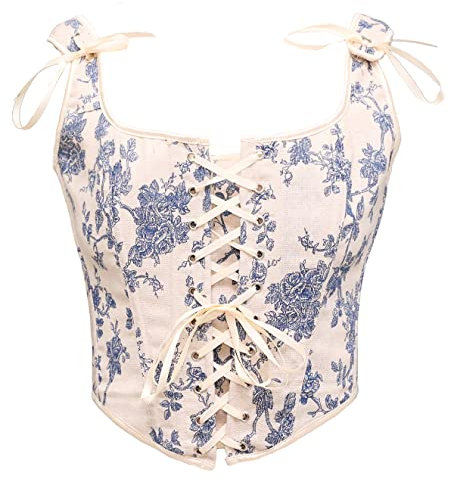 Bslingerie® Women Retro Vintage Victorian Animal Cat Print Bustier Renaissance Crop Top Tank Top Corset (L, Blue Floral)